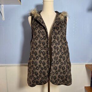 Ms Maggie Large Black Tan Hooded Faux Fur Sleeveless Open Fall Vest Cardigan